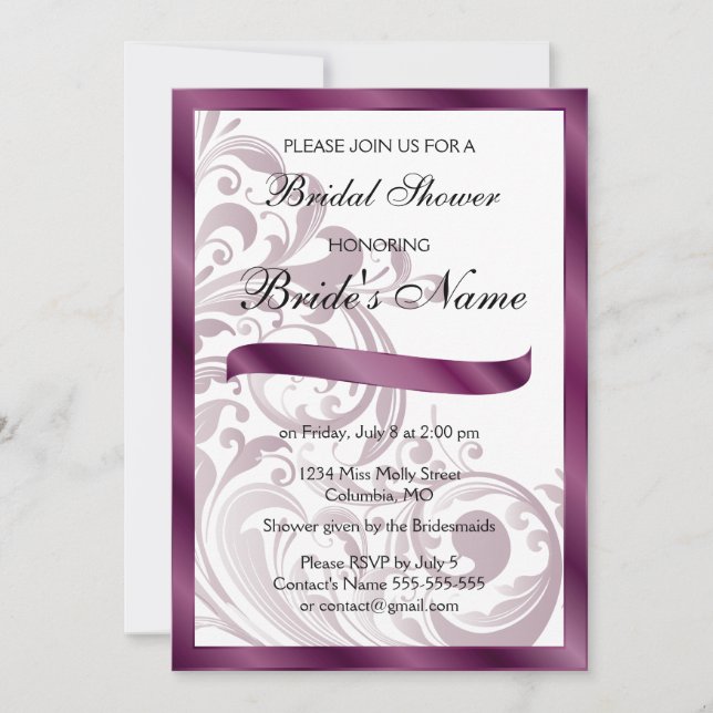 Elegante Invitación a la ducha de novia - Púrpura (Anverso)