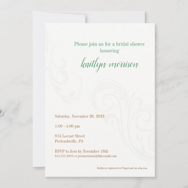 Elegante Invitación a la ducha de novia, verde (Anverso)
