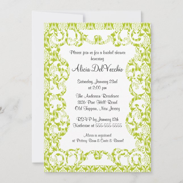 Elegante Invitación a la ducha de novia verde Dama (Anverso)