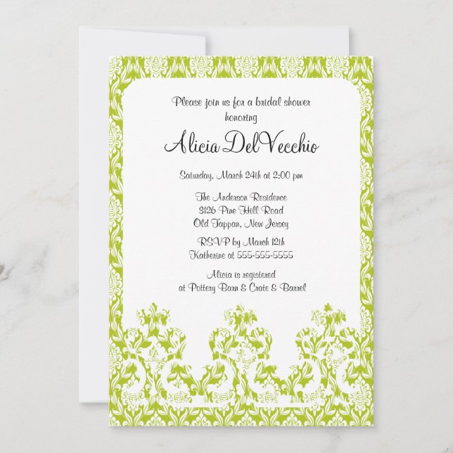 Elegante Invitación a la ducha de novia verde Dama (Anverso)