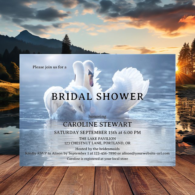 Elegante Invitación a la ducha de novias en el lag (Elegant dreamy bridal shower invitation featuring two swans in love on a hazy sunlit lake)