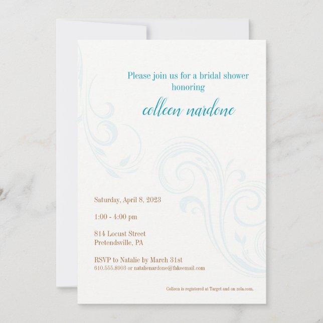 Elegante Invitación a la ducha nupcial, Aqua (Anverso)