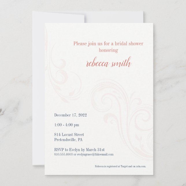 Elegante Invitación a la ducha nupcial, Coral (Anverso)