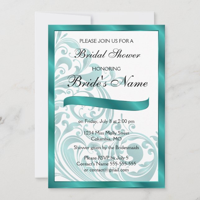 Elegante Invitación a la ducha nupcial - Verde azu (Anverso)