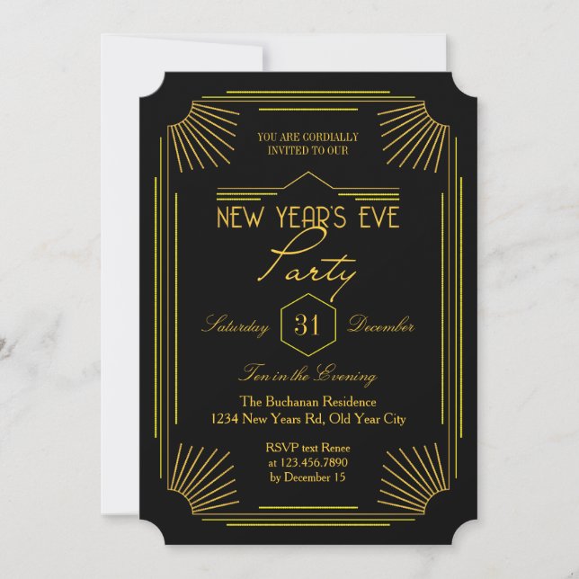 Elegante invitación a la fiesta de Año Nuevo Art D (Anverso)