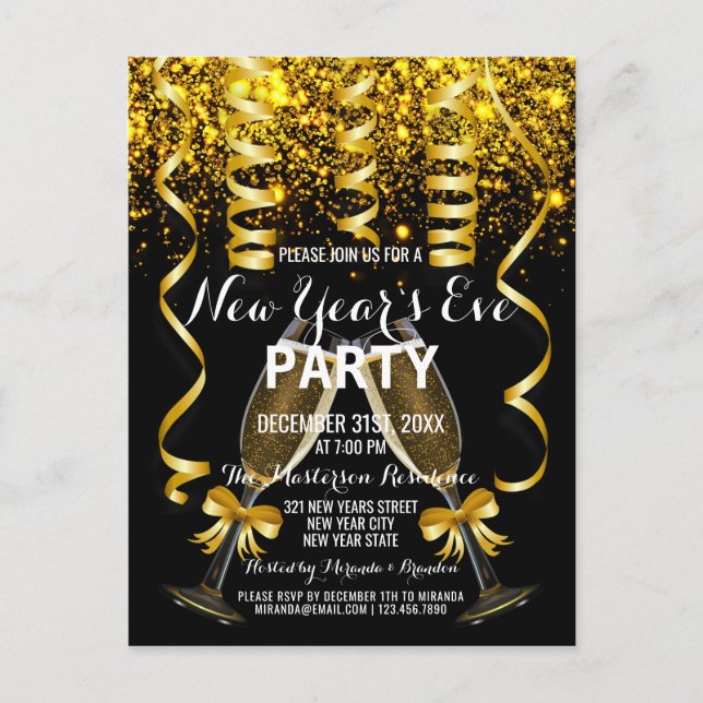 Elegante invitación a la fiesta de Año Nuevo Negro (Anverso)