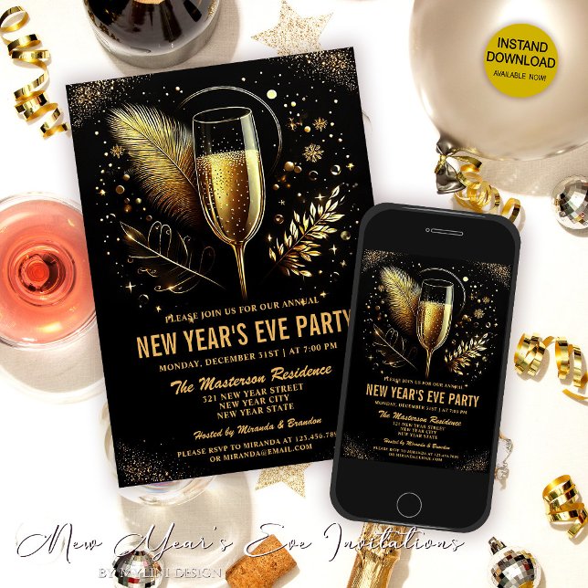 Elegante invitación a la fiesta de Año Nuevo Negro (Subido por el creador)