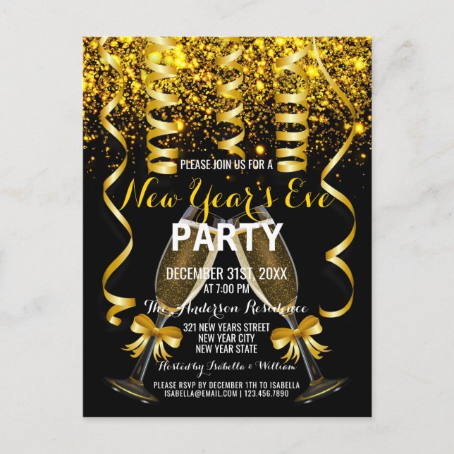 Elegante invitación a la fiesta de Año Nuevo Negro (Anverso)