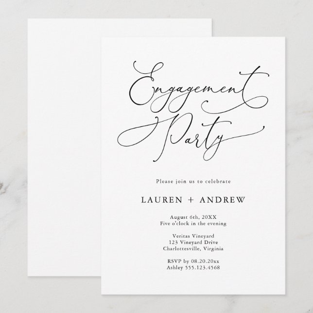 Elegante invitación a la fiesta de compromiso en b (Anverso / Reverso)