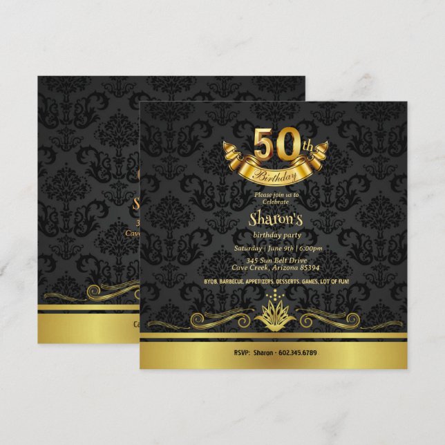 Elegante invitación a la fiesta de cumpleaños 50 B (Anverso / Reverso)