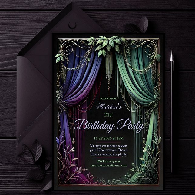 Elegante invitación a la fiesta de cumpleaños del  (Elegant Gothic Birthday Party Invitation | Elegant Enchanting Magical Fairy Invite | Purple & Green)