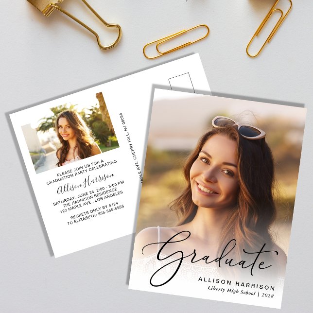 Elegante invitación a la fiesta de graduación de g (An elegant photo graduation party invitation postcard to celebrate the graduate's achievements)