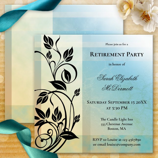 Elegante invitación a la Fiesta de Jubilación Vint (Vintage style retirement invitation with elegant floral swirls on a blue veined geometric design)