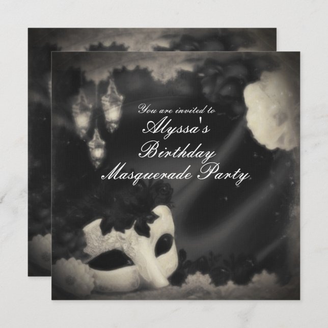 Elegante invitación a la fiesta de máscaras de mas (Anverso / Reverso)