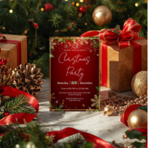 Elegante invitación a la fiesta de Navidad roja y 