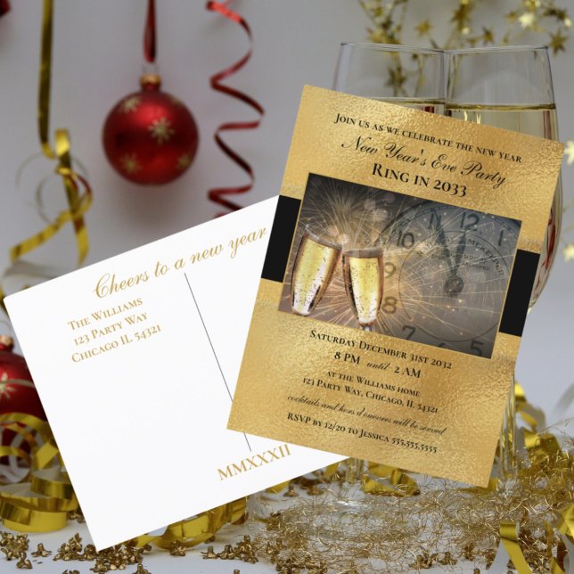 Elegante invitación a la Fiesta del Oro Negro de N (New Years Eve Party Invitations and decorations. Postcard invitations and flat cards. Decor, favors.)