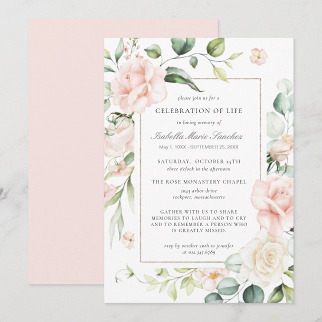Elegante invitación a la fiesta floral rosa rosa d (Anverso / Reverso)