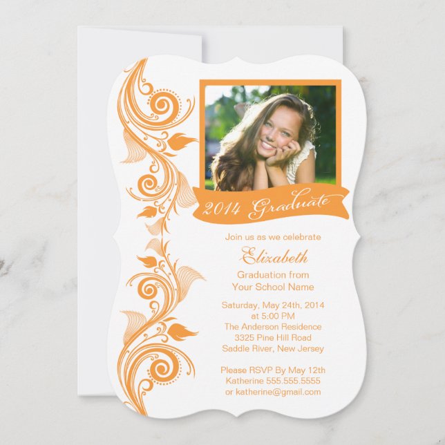 Elegante invitación a la fiesta Naranja de graduac (Anverso)