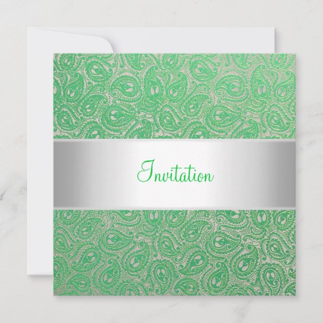 Elegante invitación a la Fiesta Verde Paisley (Anverso)