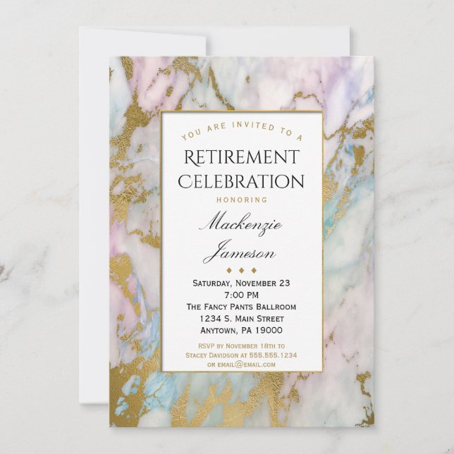 Elegante Invitación a la Jubilación de Mármol de O (Anverso)