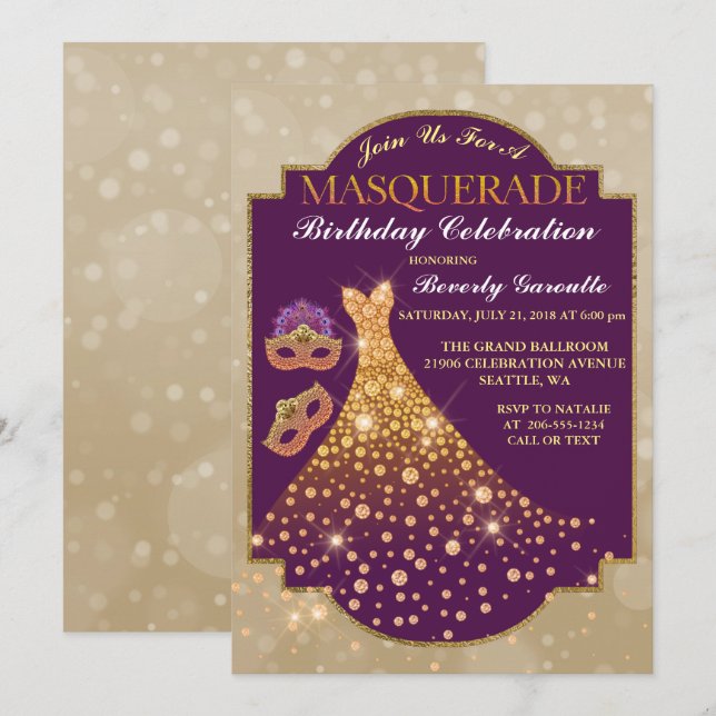 Elegante Invitación a la Mascarada del Cumpleaños  (Anverso / Reverso)