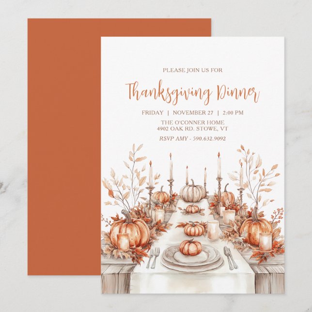 Elegante invitación a la mesa de cena de Acción de (Anverso / Reverso)