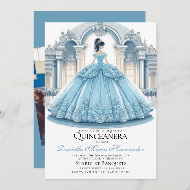 Elegante Invitación a la Quinceañera Azul Hielo (Anverso / Reverso)