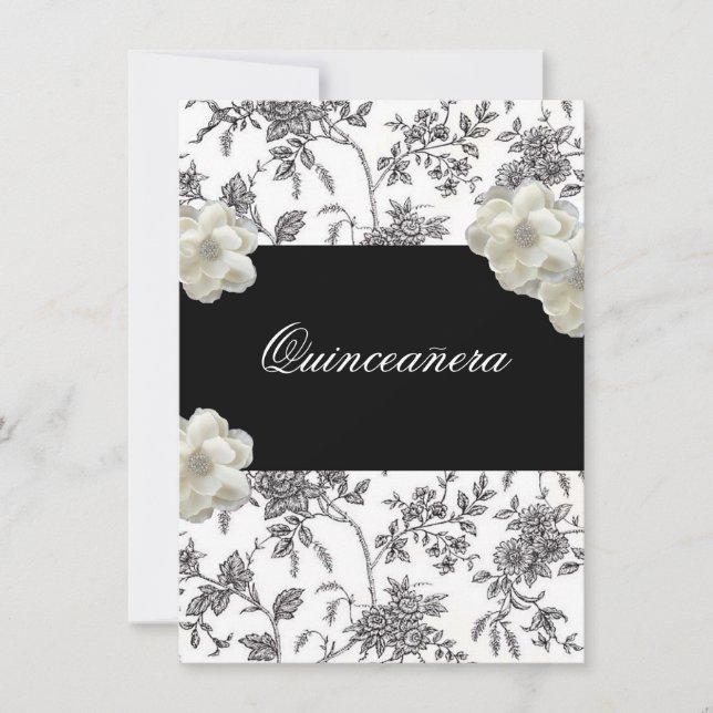 Elegante invitación a la quinceañera blanca y negr (Anverso)