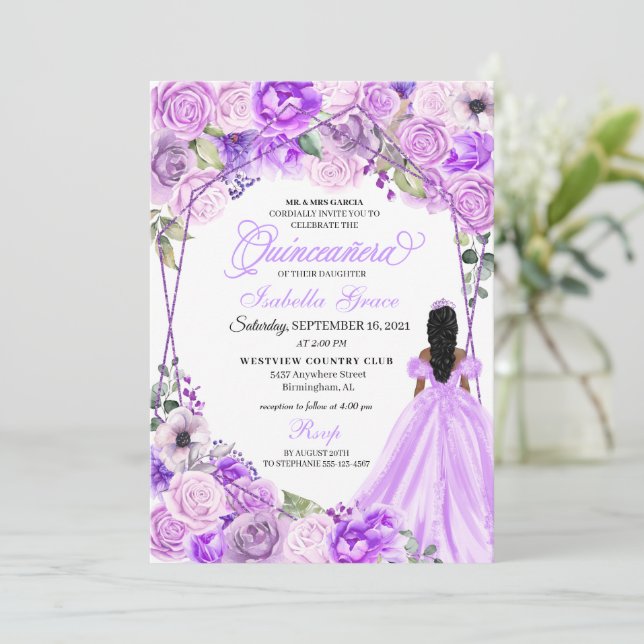 Elegante Invitación a la Quinceanera con Flor Púrp (Anverso de pie)