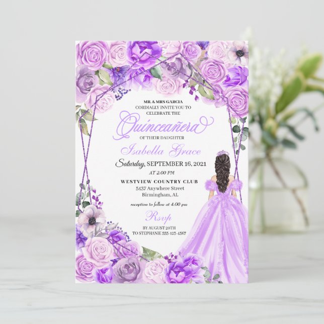 Elegante Invitación a la Quinceanera con Flor Púrp (Anverso de pie)