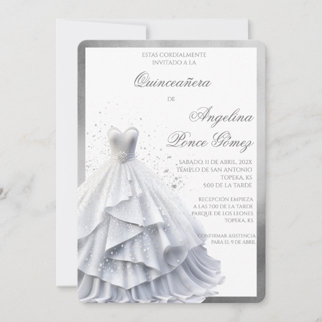 Elegante invitación a la quinceañera de vestido bl (Anverso)