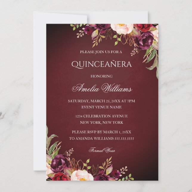 Elegante invitación a la Quinceanera floral borgoñ (Anverso)