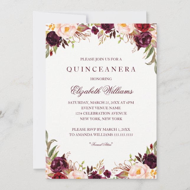 Elegante invitación a la Quinceanera floral borgoñ (Anverso)