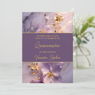 Elegante invitación a la quinceañera púrpura y dor