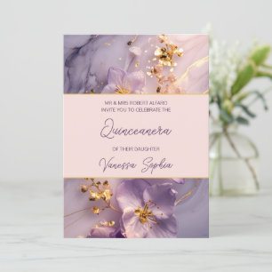 Elegante invitación a la quinceañera púrpura y dor