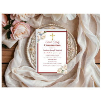 Elegante Invitación a la Santa Comunión de Rojo/Or