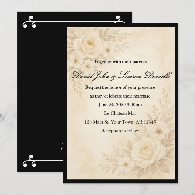 Elegante Invitación a la Sepia Floral (Anverso / Reverso)