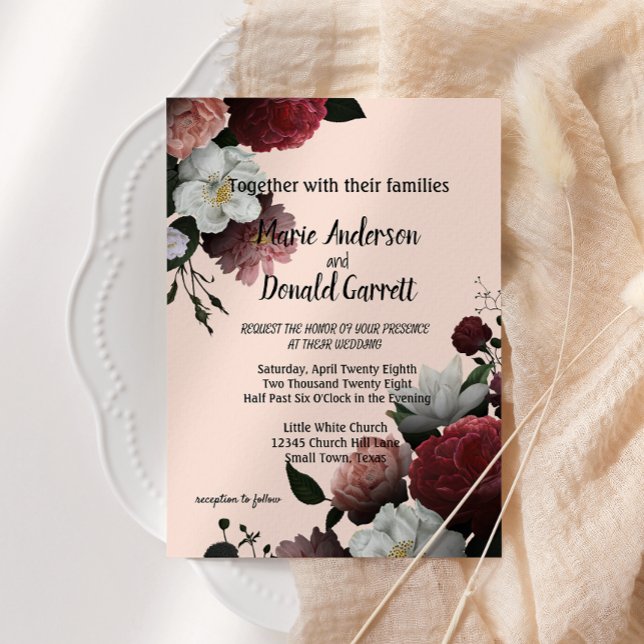 Elegante invitación a las flores borgoñas y rosas (Subido por el creador)