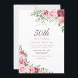 Elegante invitación a los 50 años de color rosa y<br><div class="desc">Elegante color rosa y borgoña 50 cumpleaños invita a un elegante diseño floral rosa borgoña. Variaciones de la invitación y elementos coincidentes en nuestra tienda</div>