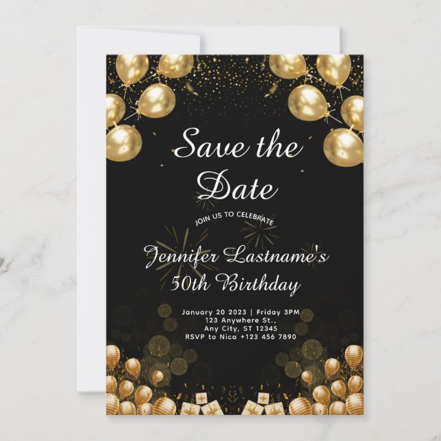 Elegante Invitación a los 50 años de oro y negro (Anverso)