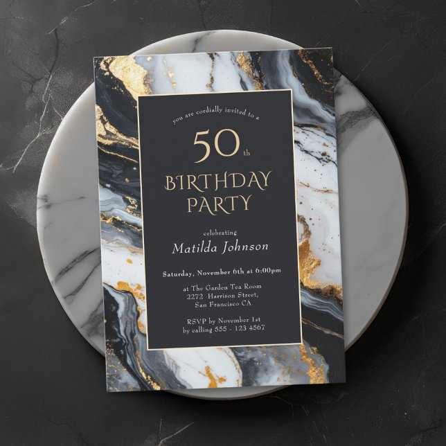 Elegante Invitación a los 50 Años en Negro y Oro (Elegant Black and Gold 50th Birthday Invitation)