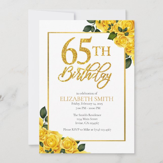 Elegante invitación a los cumpleaños 65 de la Rosa (Anverso)