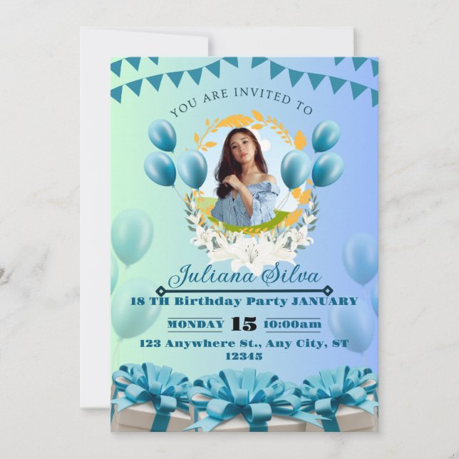 Elegante invitación a los cumpleaños azules - Pers (Anverso)