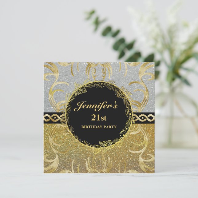 Elegante Invitación a los cumpleaños plateado y do (Anverso de pie)