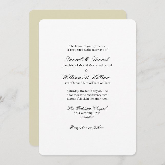Elegante invitación a matrimonio beige de novia (Anverso / Reverso)