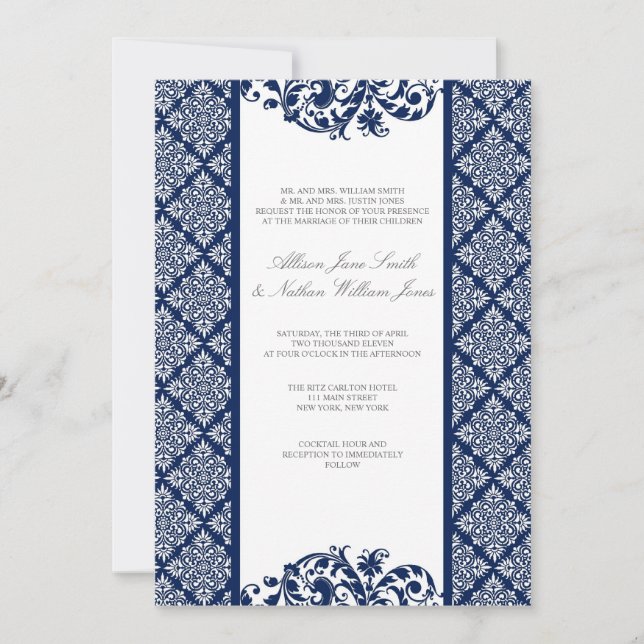 Elegante invitación a matrimonio para damasco azul (Anverso)