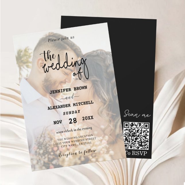 Elegante Invitación a matrimonio por fotografía su (QR Code Overlay Photo Wedding Invitation
)