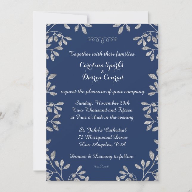 Elegante invitación a matrimonio Purpurina de Plat (Anverso)