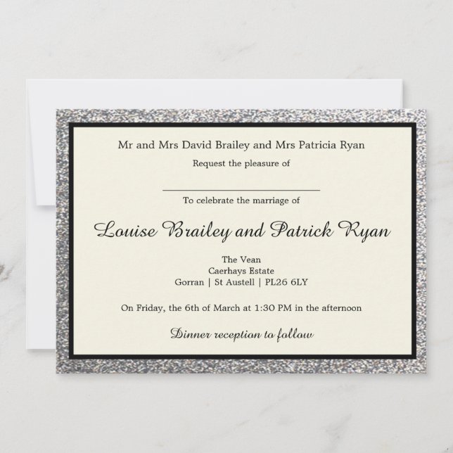 Elegante invitación a matrimonio Purpurina platead (Anverso)
