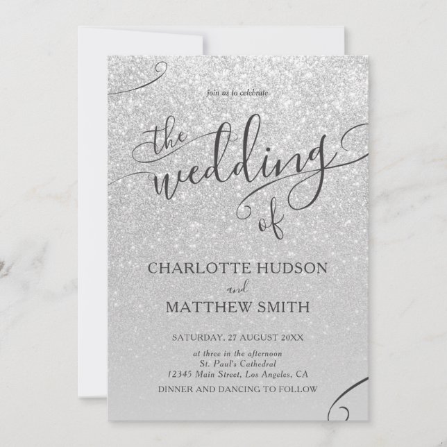 Elegante invitación a matrimonio Purpurina platead (Anverso)